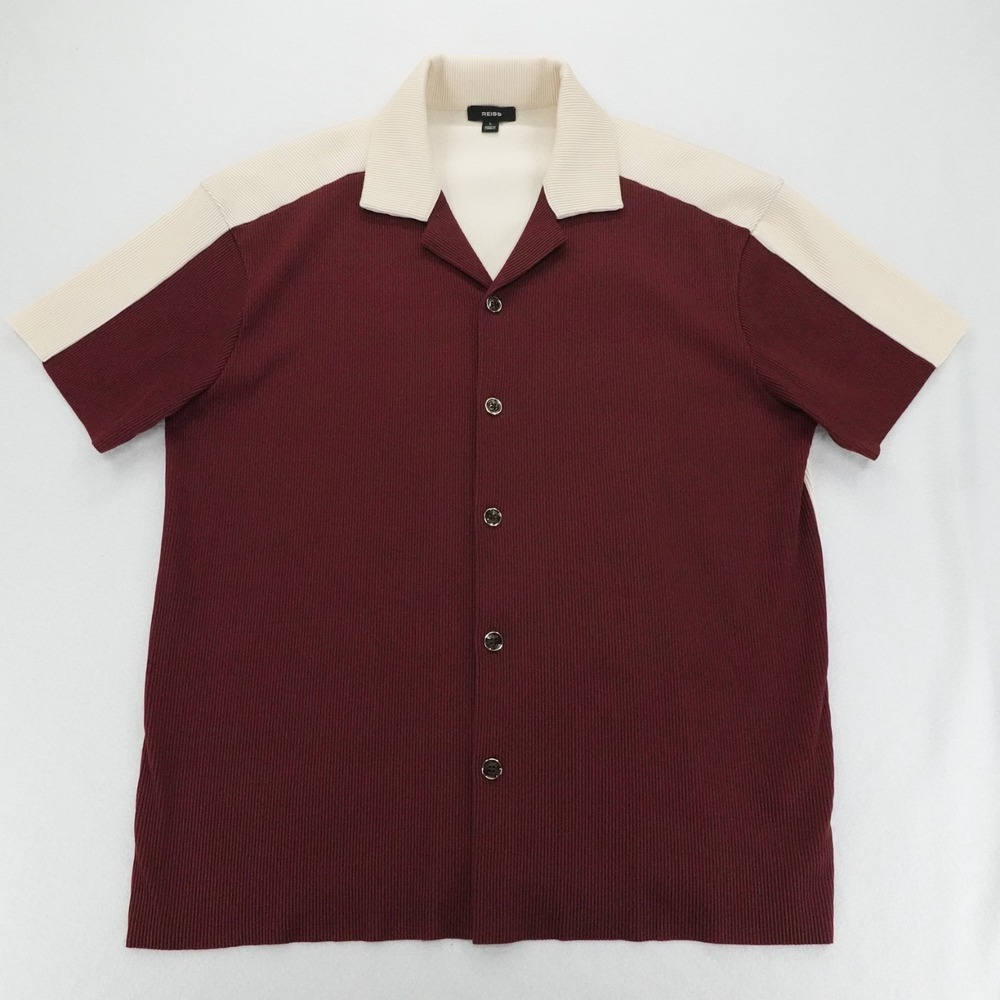 Reiss Shirt Mens Large Rust Knit Cuban Collar Retro Resort Casual Button